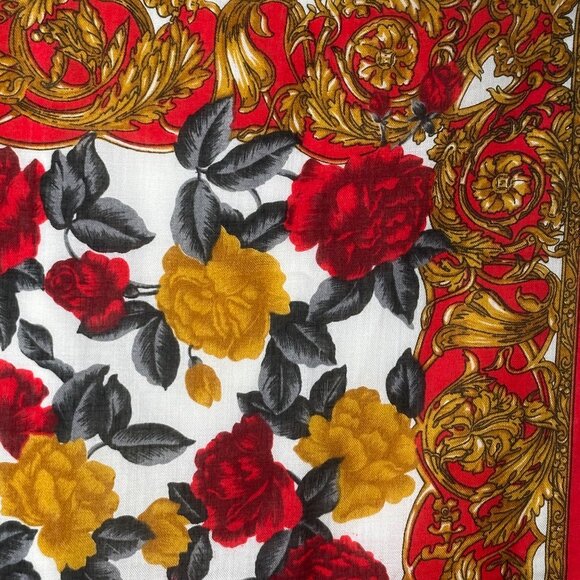 Stunning Vintage Floral Rose Print Scarf 30" Red Yellow Cottage Retro Art - Picture 2 of 9